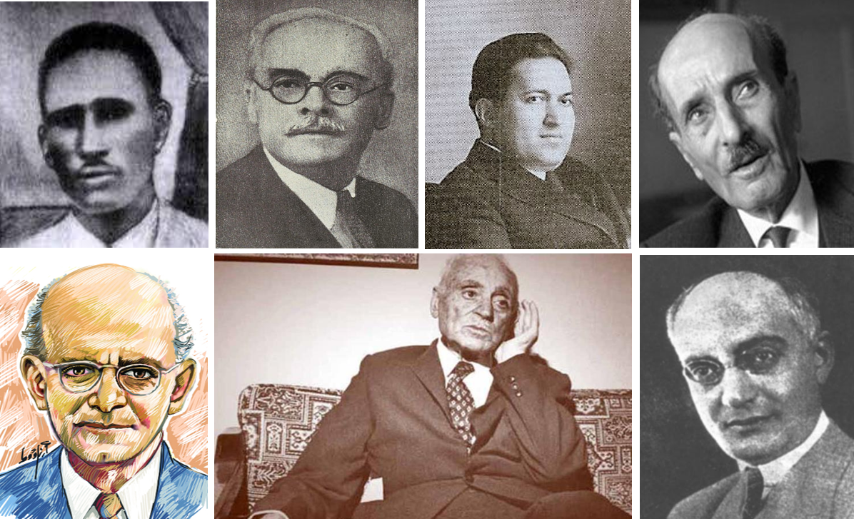 ردیف بالا از راست: میخائیل نعیمه، نسیب عریضه، رشید ایوب، بشیر التیجانی و ردیف پایین: صیدح، سلیم الخوری و ایلیا ابوماضی