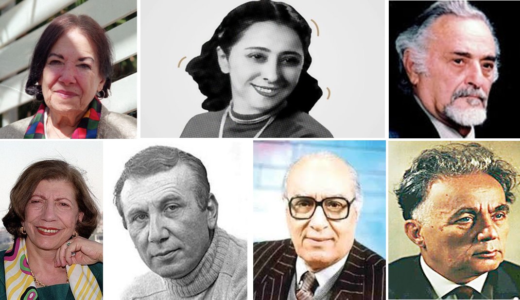 بالا از راست: یوسف الخال، نازک الملائکه و فدوی طوقان، پایین: سعید عقل، کمال نشأت، نزار قبانی و سلمی الجیوسی