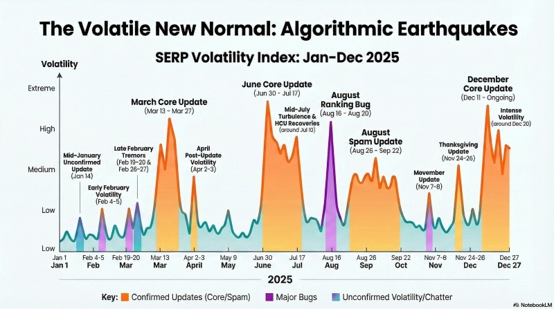 اینفوگرافیک شاخص نوسان SERP گوگل از ژانویه تا دسامبر ۲۰۲۵