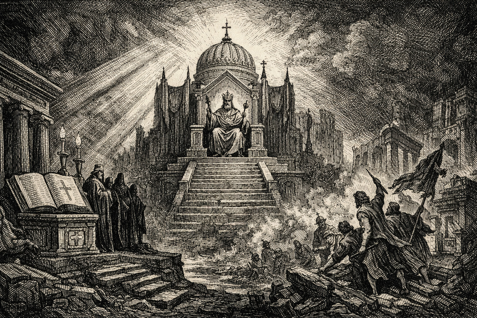 تصویر سیاه و سفید به سبک حکاکی کلاسیک، رهبر مذهبی بر تخت در مقابل مسجد بزرگ، روحانیون در یک سو و مردم معترض در سوی دیگر، نماد تمرکز قدرت در حکومت دینی