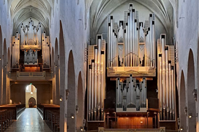 نمای عمودی ورودی و پیانو قدیمی در سمت چپ و نمای بسته لوله های فلزی و پیانو در سمت راست