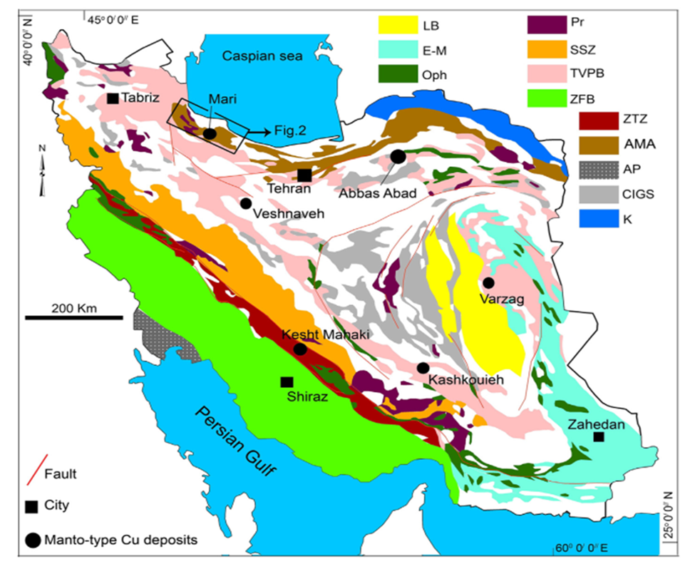 شكل۲‌-۲  نقشه پراکندگی کانسارهای تیپ مانتو در ایران (مغفوری و همکاران، ۲۰۱۷)

