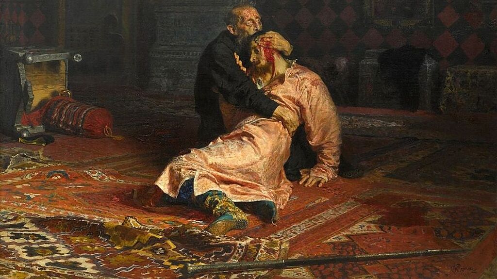 ایوان مخوف و پسرش ایوان اثر رپین. این اثر، تزار روسیه یعنی ایوان مخوف را با چهرهٔ داغداری نشان می‌دهد که پسر مرده‌اش، را در آغوش گرفته‌ است؛ بلافاصله پس از آن که ایوان پدر از شدت عصبانیت ضربه مهلکی به سر پسرش وارد کرد. این نقاشی اندوه و پشیمانی را در چهره ایوان پدر و ملایمت تزارویچِ در حال مرگ را به تصویر می‌کشد.