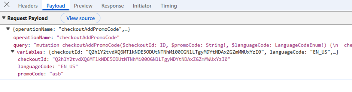 نمونه ای از یک پیام ارسالی از بخش فرانت به بک اند در قالب GraphQL که توسط ابزار developer tools در مرورگر هنگام اجرای نرمافزار رصد شده است.