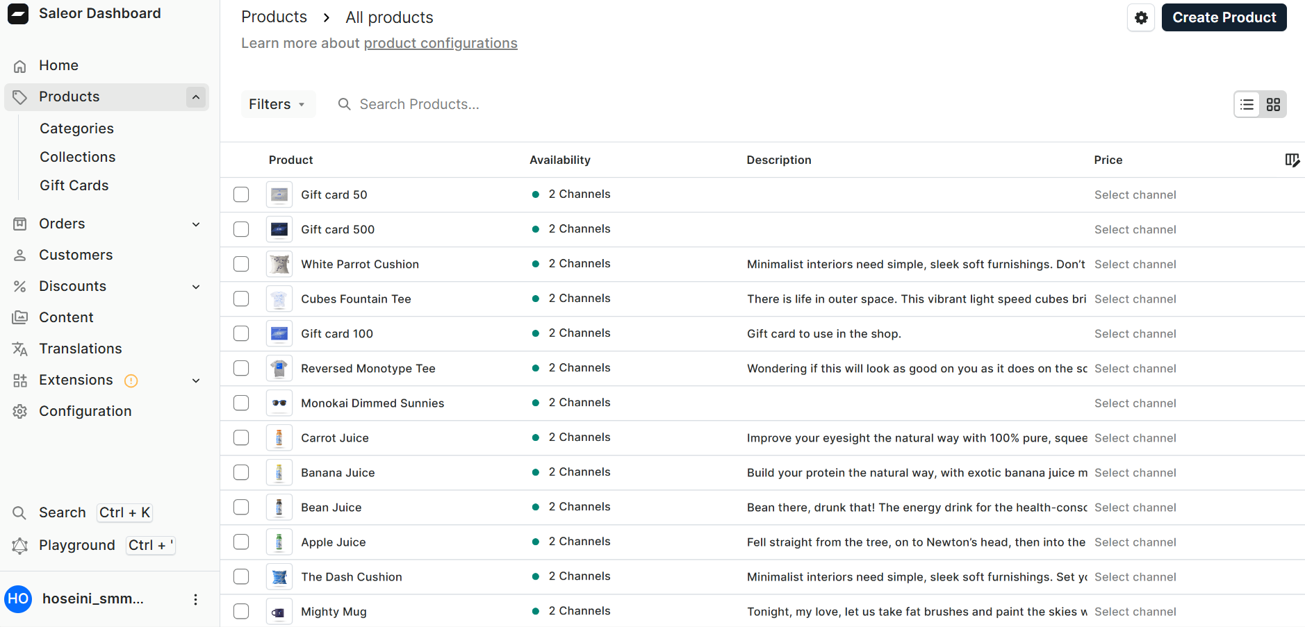 صفحه پنل مدیریتی فروشگاه Saleor