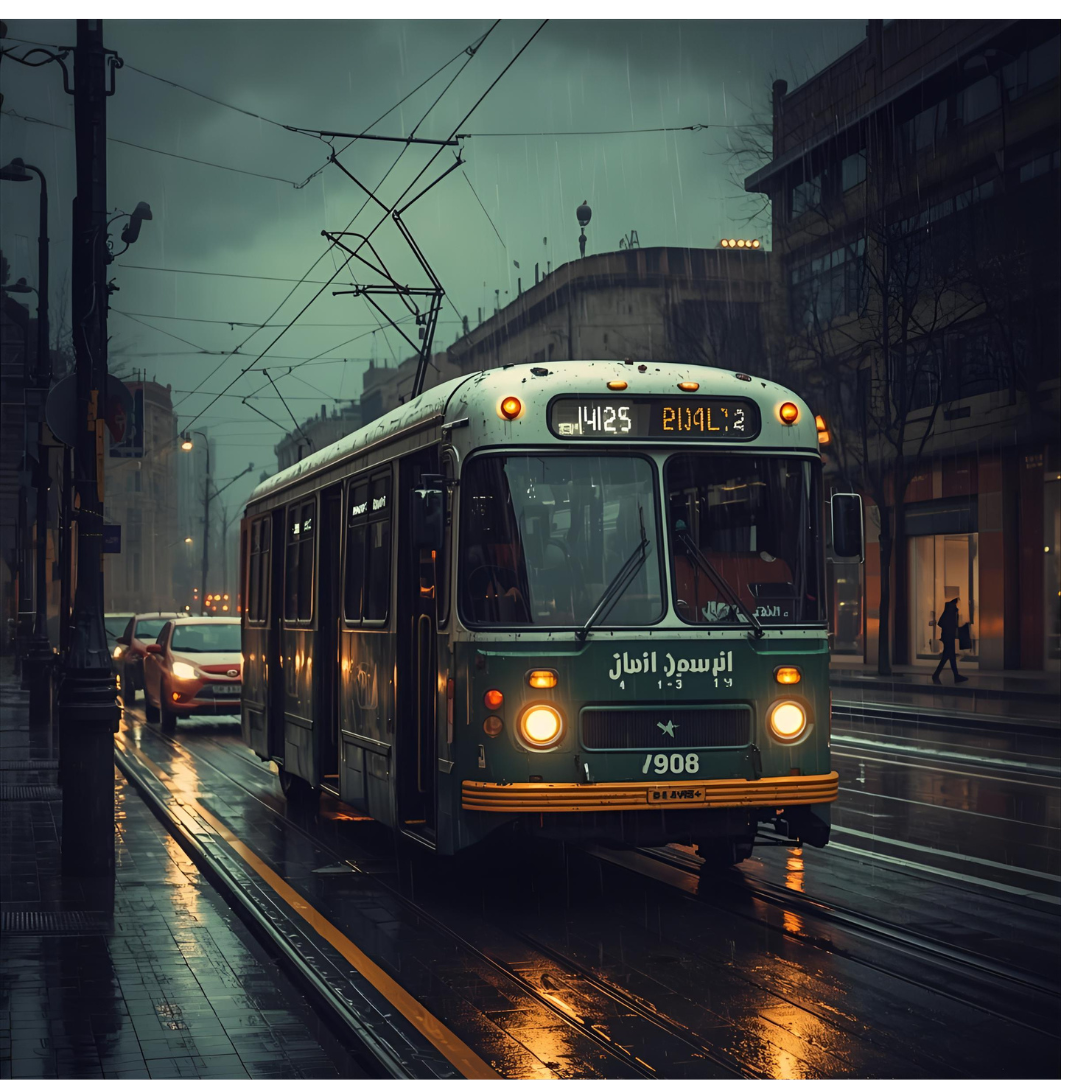 اتوبوس قدیمی سبز در عصر و خیابان بارانی