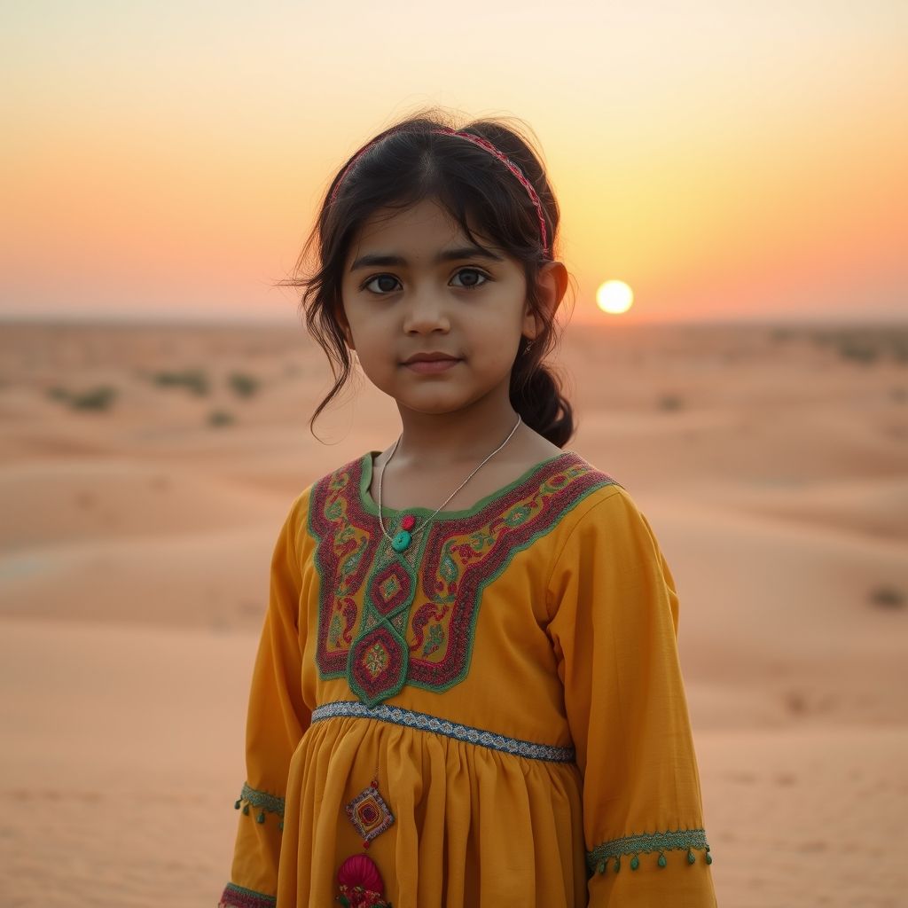 A girl in traditional Iranian dress at a desert sunset
