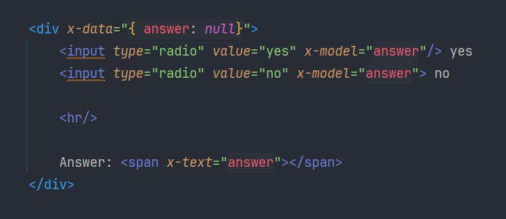 تعریف radio و وصل کردن گزینه ها به متغیر answer با x-model
