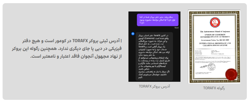 مجوز بروکر ToraFX و چت پشتیبانی بروکر درباره آدرس بروکر