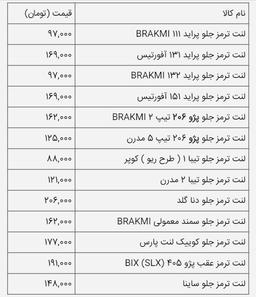 قیمت انواع لنت ترمز خودرو مرداد 99