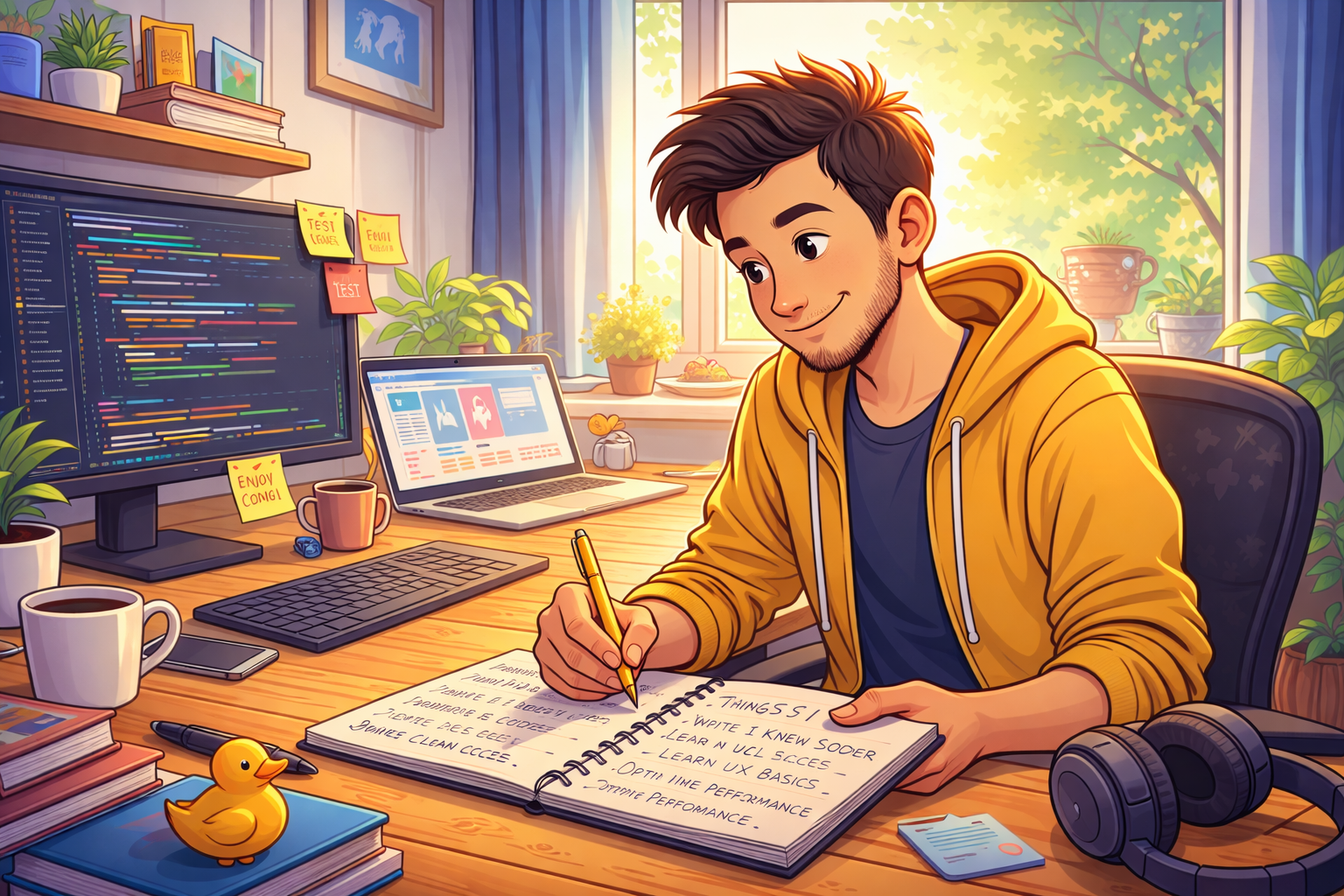 توسعه‌دهنده فرانت‌اند در دفتر خانگی، در حال یادداشت نکات برنامه‌نویسی و طراحی رابط کاربری