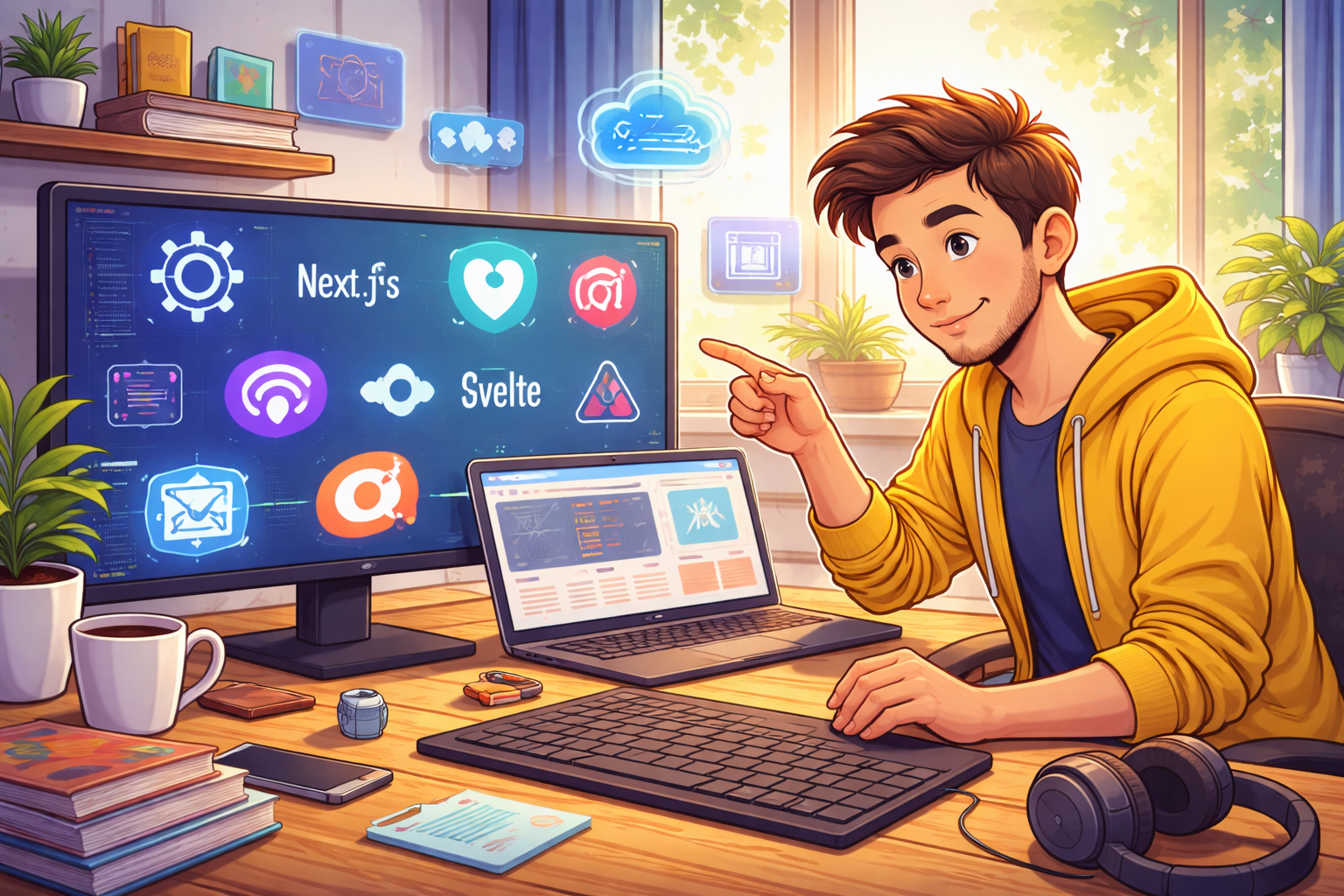 توسعه‌دهنده فرانت‌اند در دفتر کار مدرن، در حال کدنویسی و استفاده از ابزارهای مدرن وب