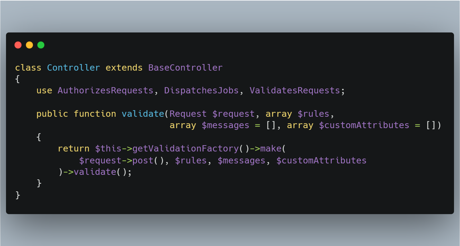 تابع validate بازنویسی شده در کلاس کنترلر