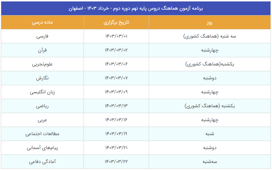 برنامه امتحان هماهنگ نهم استان اصفهان | 1403