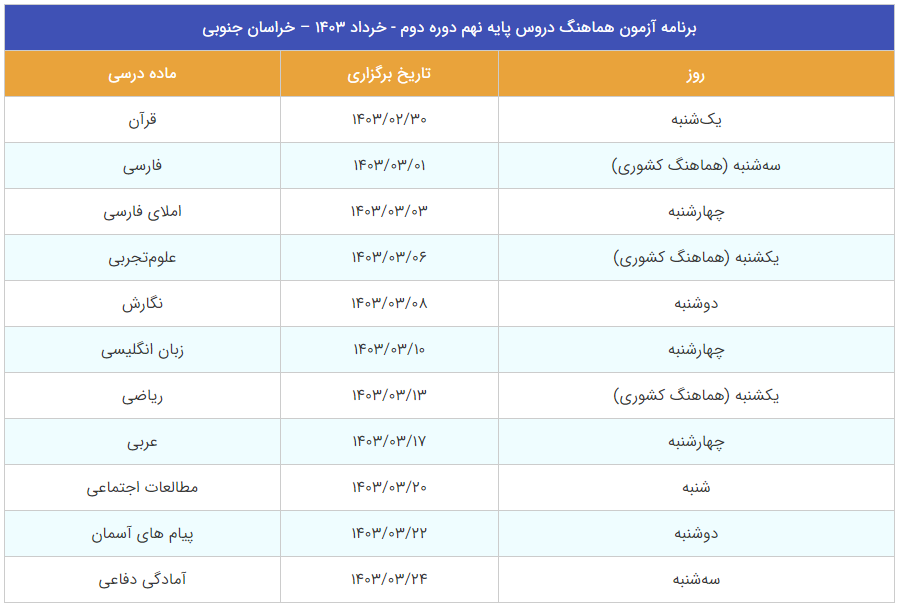 برنامه امتحانات هماهنگ نهم استان خراسان جنوبی | 1403 