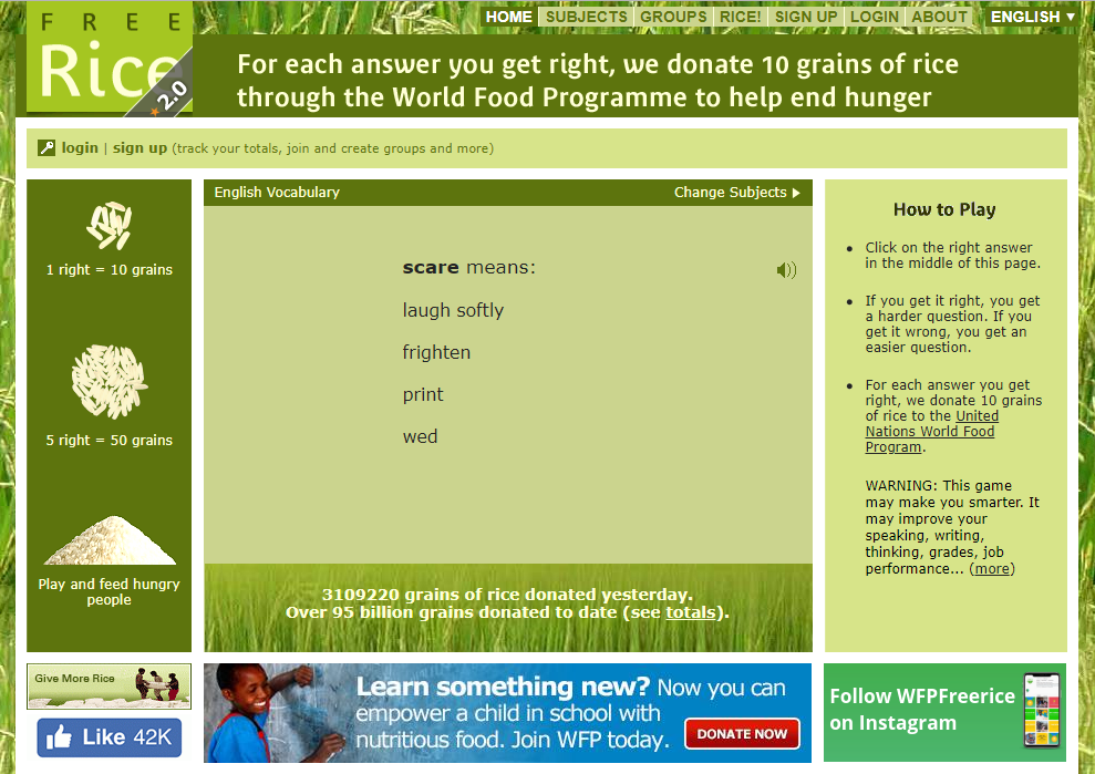سایت freerice.com نیز با ساخت الگوهای انساندوستانه(به ازای هر جواب درست 10 دانه برنج کمک میکند) میزان تعامل را بالا میبرد.