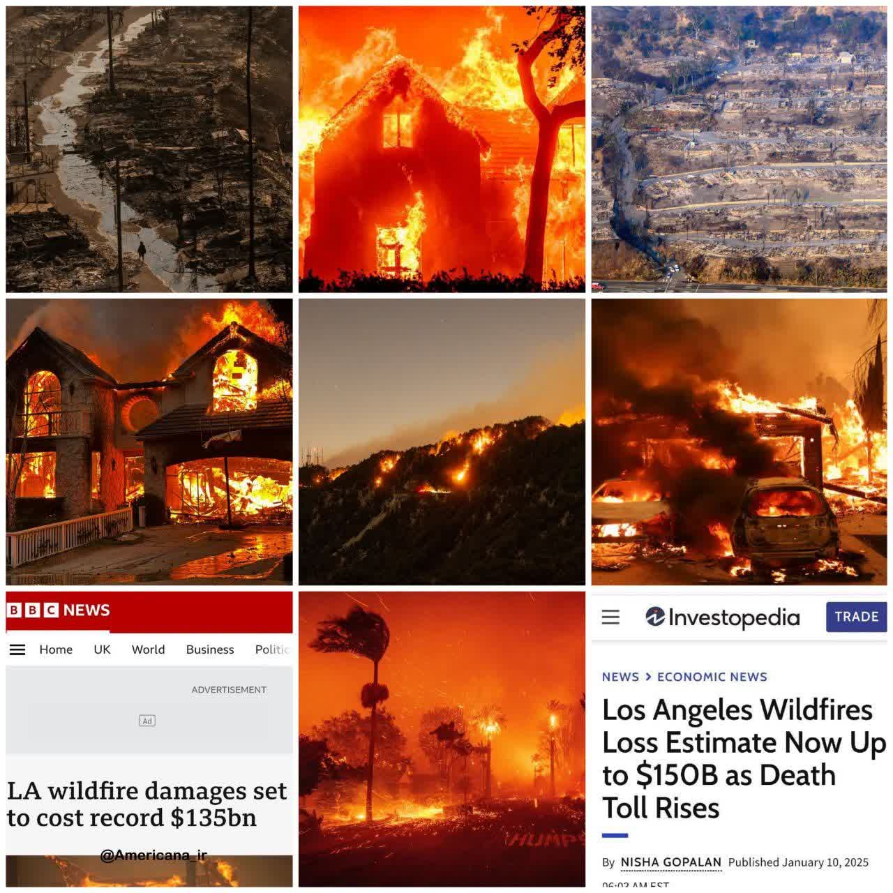 قهقرای تمدّنی: ناتوان از پیشبینی و پیشگیری در حالی که BBC انگلیسی میزان خسارت در کالیفرنیای آمریکا را ۱۳۵ میلیارد دلار برآورد کرده، سایت خبری اینوستوپدیا (Investopedia) مستقر در نیویورک، میزان خسارت را ۱۵۰ میلیارد دلار تخمین می زند. البته پیش بینی برخی رسانه ها براین است که این رقم تا ۲۰۰ میلیارد دلار افزایش یابد. این یک تراژدی کامل تمدنی است که ابرقدرت قرن، در کنار رژیم جنایتکاری مثل اسرائیل بایستد و تمام امکانات ماهواره ای و پهپادی و هوش مصنوعی را برای قتل عام مردم در غزه و لبنان واگذار کند، اما نتواند بحران سالانه آتش سوزی را آن هم در ایالتی ثروتمند و مناطق اعیان نشین لس آنجلس،