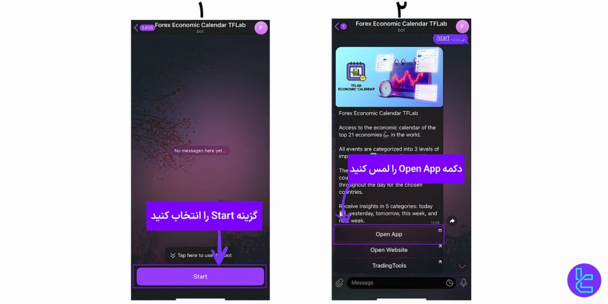 برای ورود به مینی اپ تقویم اقتصادی فارکس تریدینگ فایندر در تلگرام، مطابق اسکرینشاتهای بالا پیش بروید