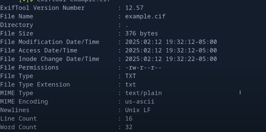 ساختار exiftool فایل example .cif