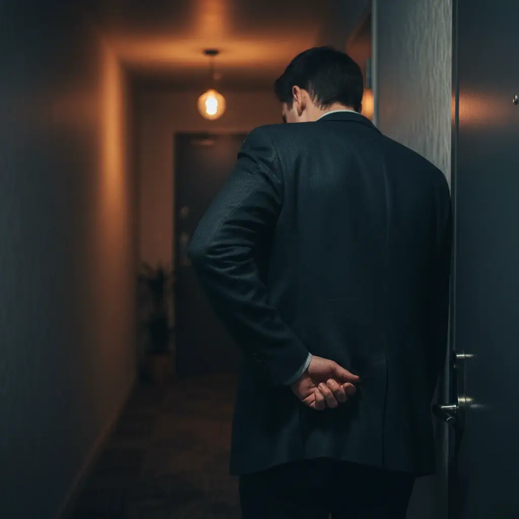 فردی که به دلیل گم شدن کلید خانه پشت درب آپارتمان مانده و به دنبال راه حل است