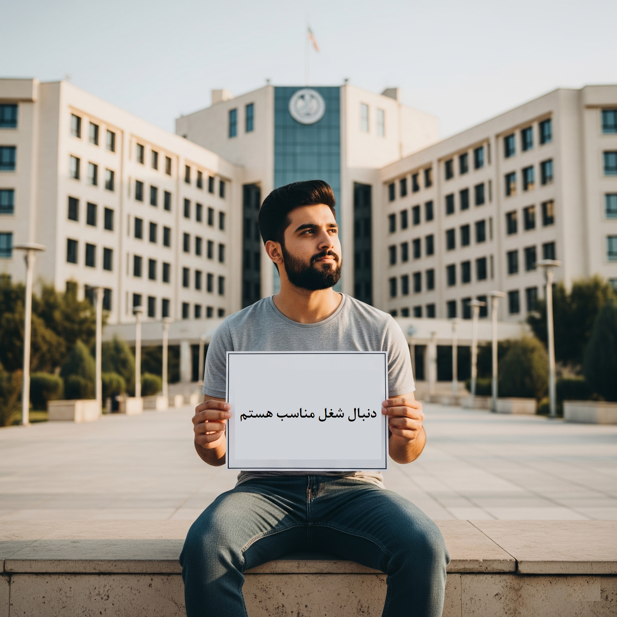 تصویر یک دانشجو که در مقابل دانشگاه نشسته و به دنبال فرصت شغلی مناسب با تحصیلات خود است - تصویر مفهومی از اهمیت و سختی پیدا کردن و یا ایجاد شغل مناسب - وبسایت یاکادمی (www.yakademy.ir)