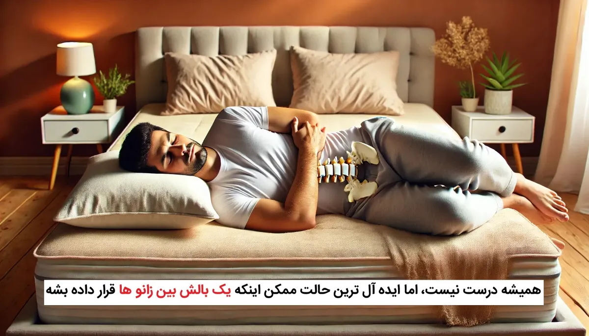 خوابیدن به پهلو با بالش میان زانوها (وضعیت صحیح)