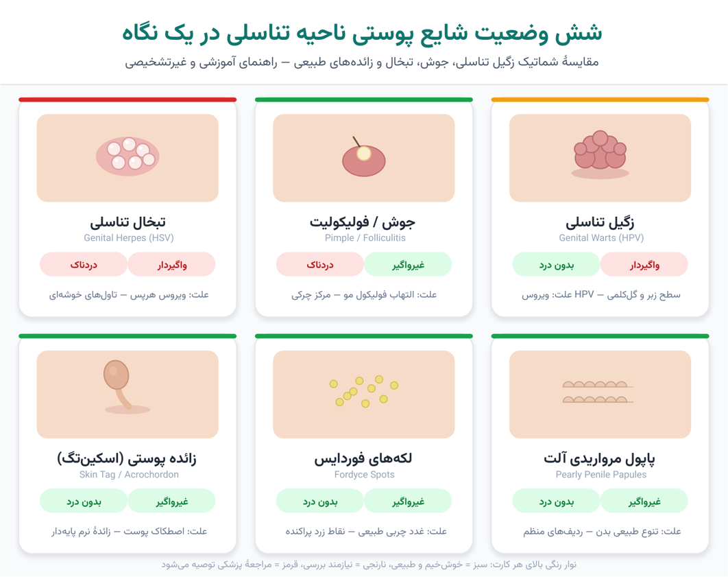 تصویر ۲: پنج پرسش ساده که در تفکیک بیشتر ضایعات ناحیهٔ تناسلی راهگشا هستند.