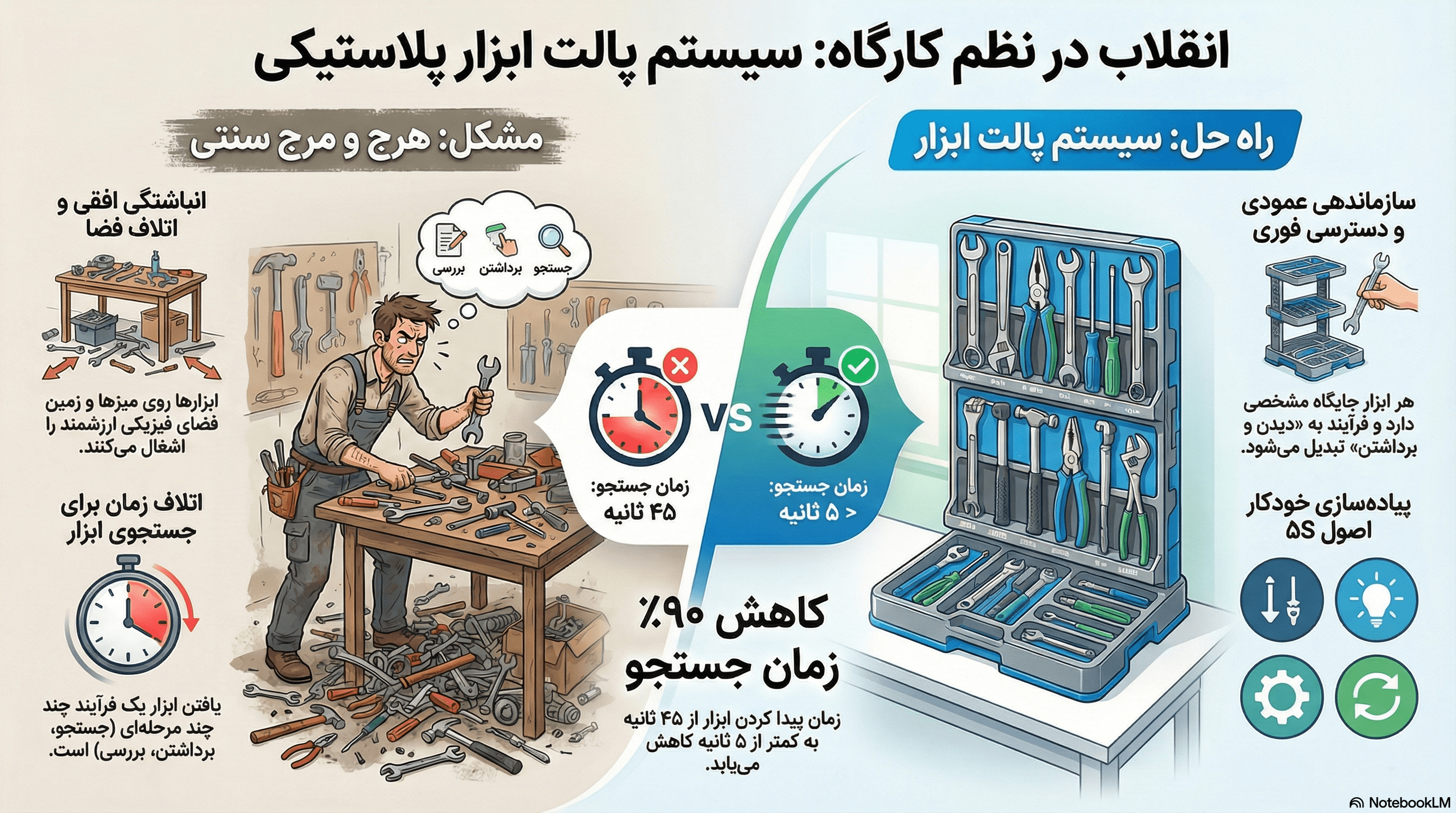 معماری نظم و اجرای اصول ۵S با پالت ابزار کشویی پلاستیکی
