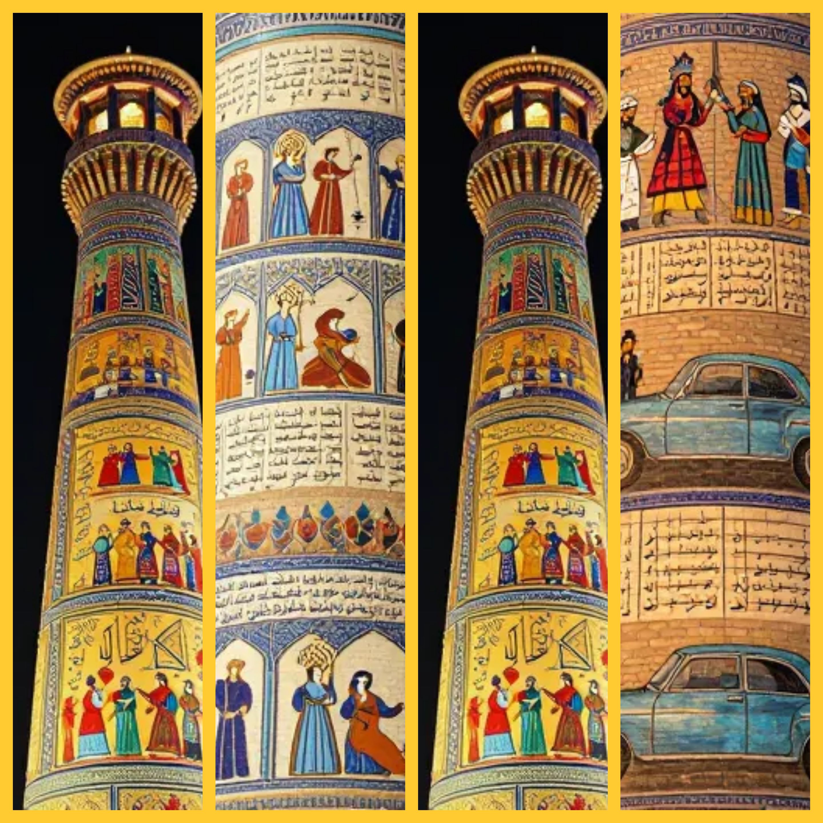 کتاب اختصاصی نغمه نگاره شاهنامه که روایت داستان به سلیقه شما بر روی ایده‌ای که شما می‌دهید چاپ و روایت می‌شود در تصاویر فوق روایت بر روی مناره‌های  معروف جهان