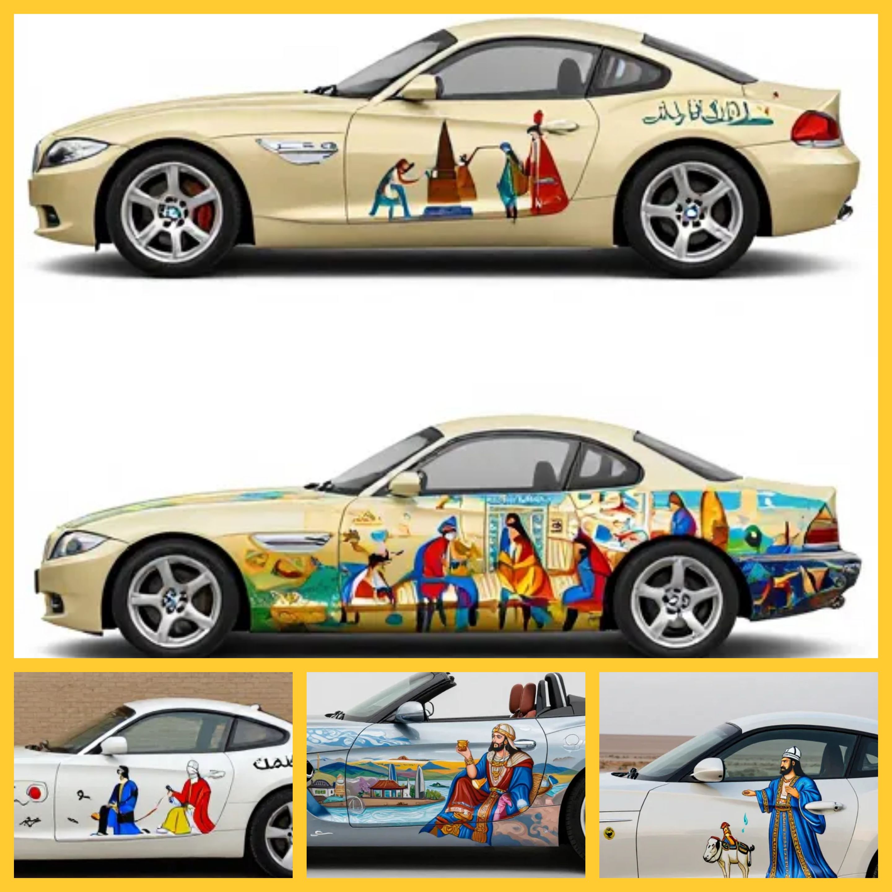 کتاب اختصاصی نغمه نگاره شاهنامه که روایت داستان به سلیقه شما بر روی ایده‌ای که شما می‌دهید چاپ و روایت می‌شود در تصاویر فوق روایت بر روی خودروهای مورد علاقه فرد معروف جهان چاپ شده است