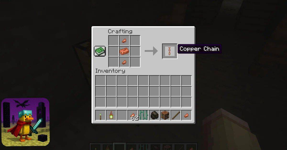 برای ساخت یک زنجیر مسی، به 1 عدد شمش مس (Copper Ingot) و 2 عدد ناگت مس (Copper Nugget) نیاز دارید.