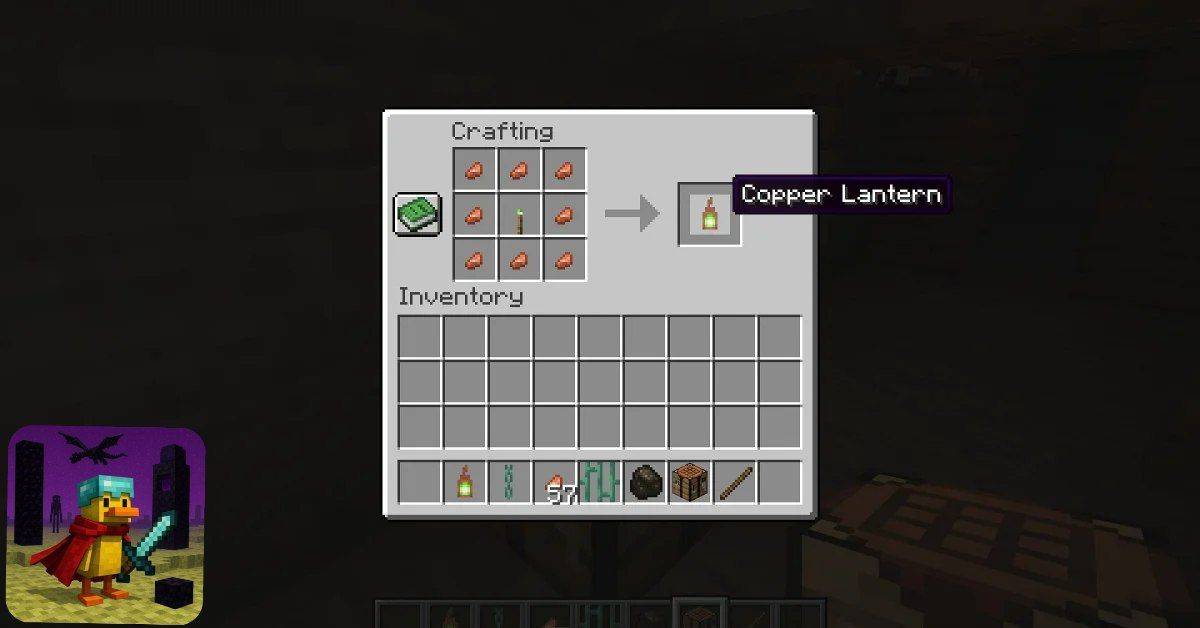 برای ساخت یک فانوس مسی، به 8 عدد ناگت مس (Copper Nugget) و 1 عدد مشعل مسی (Copper Torch) نیاز دارید. مواد را به شکل زیر در میز کار (Crafting Table) قرار دهید: