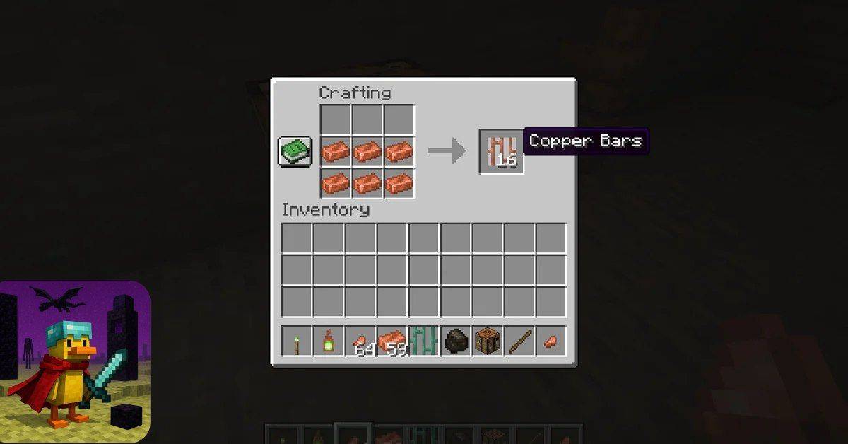 برای ساخت 16 عدد نرده مسی، به 6 عدد شمش مس (Copper Ingot) نیاز دارید. شمشها را در دو ردیف افقی در میز کار قرار دهید.