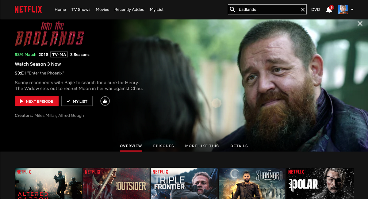 «صفحه نمایش فیلم» امروز بسیار ساده است. شروع به پخش، یا «سرزمین بد» را به لیست خود اضافه کنید. همه چیز در مورد فیلم یا برنامه تلویزیونی است — رابط کاربری مانع تماشای فیلم نمیشود.