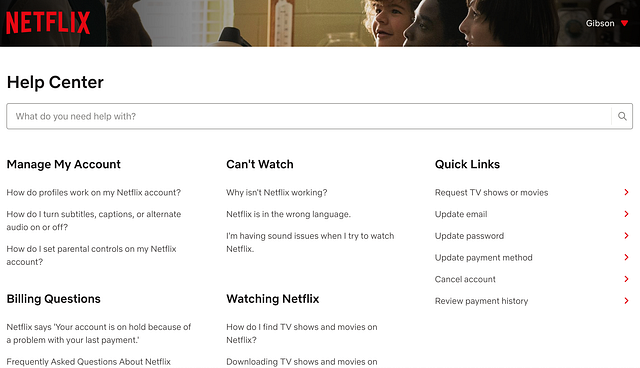 مرکز راهنمایی نتفلیکس امروز – فضایی تمیز و سفید، با دسترسی از طریق جستجو یا سوالات متداول با اولویتبندی واضح.