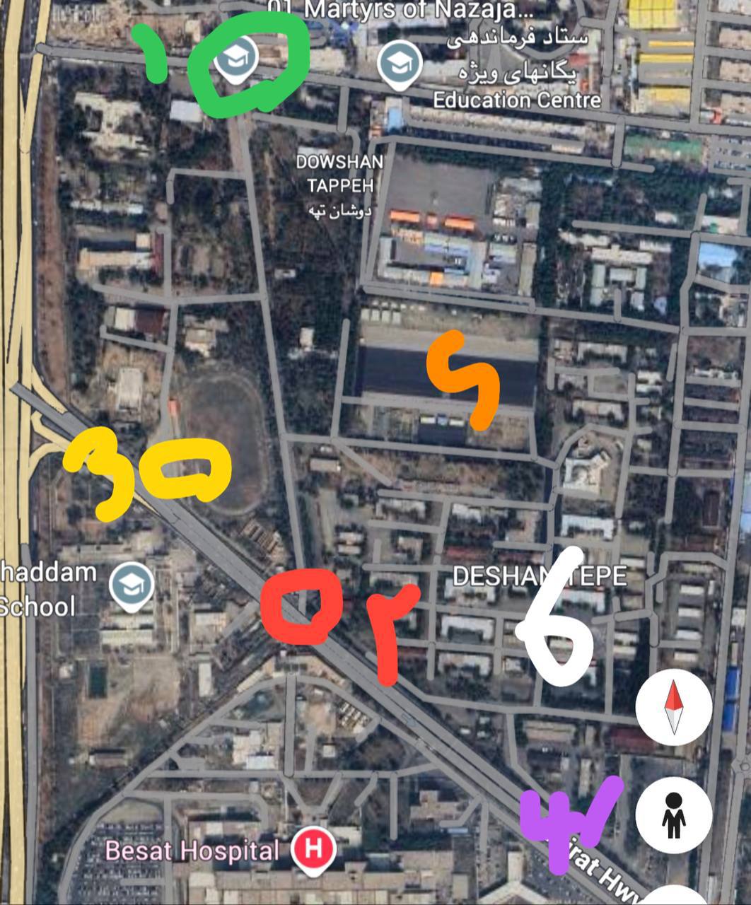 1 درب شمال2 درب جنوب3 درب جنوبی که روز اول ورود خواهیم زد4 پارکینگ5 میدان رژه6 محل استقرار گروهان ها