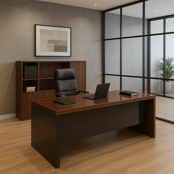 دفتر کار مدرن با میز مدیریتی هایگلاس و صندلی چرمی.webp