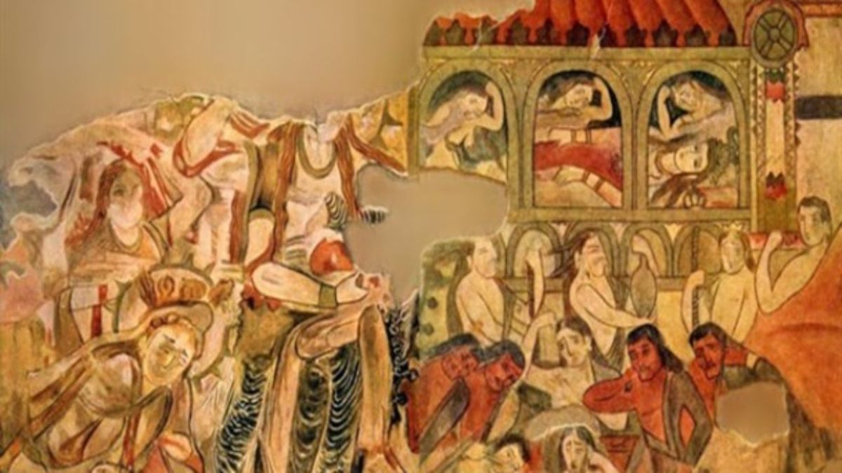 سوگ سیاوش؛ تصویر دیواری در پنجکت سغد، تاجیکستان امروزی.