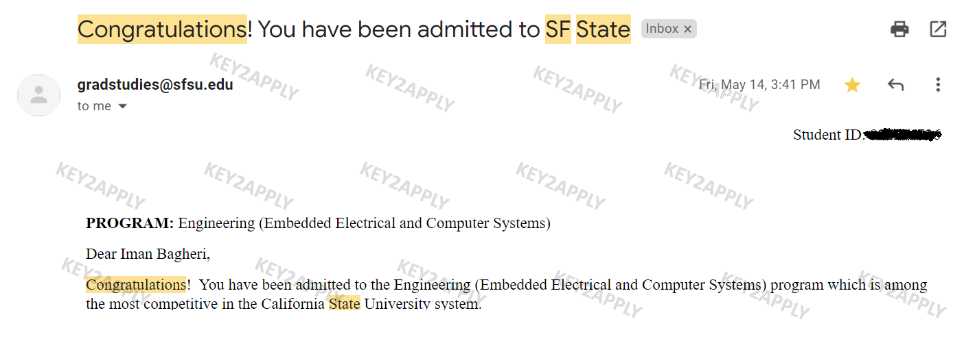 ایمیل پذیرش از دانشگاه سان فرانسیسکو