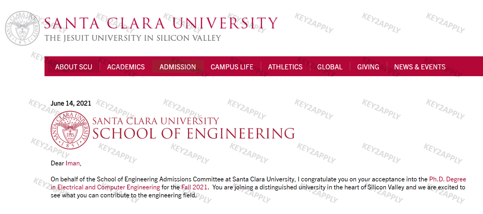 اخذ پذیرش از دانشگاه سانتا کلارا که رنکینگ بالاتر از قوی ترین دانشگاه ایران را نیز دارد