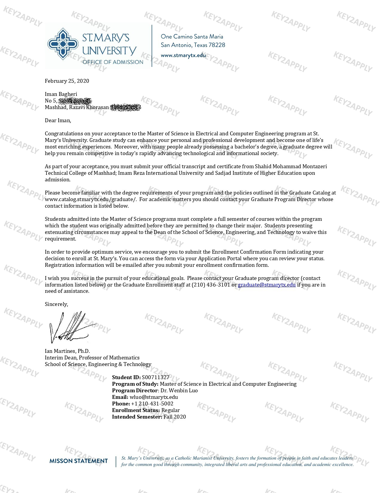 نامه پذیرش ایمان باقری در دانشگاه سینت مری سن آنتونیو تگزاس