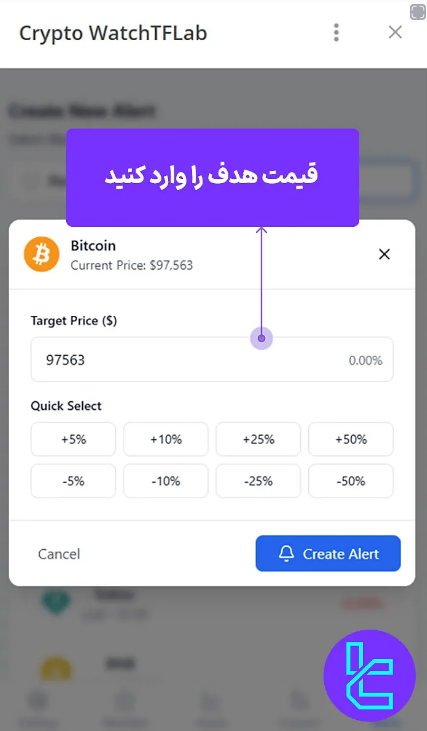 تنظیم قیمت هدف و دریافت اعلان در صورت رسیدن قیمت به سطح مشخص شده در Crypto Market Watch تریدینگ فایندر 