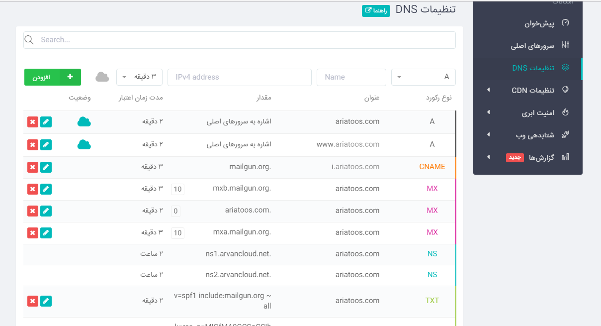 عکس از محیط مدیریت DNS Server آروان
