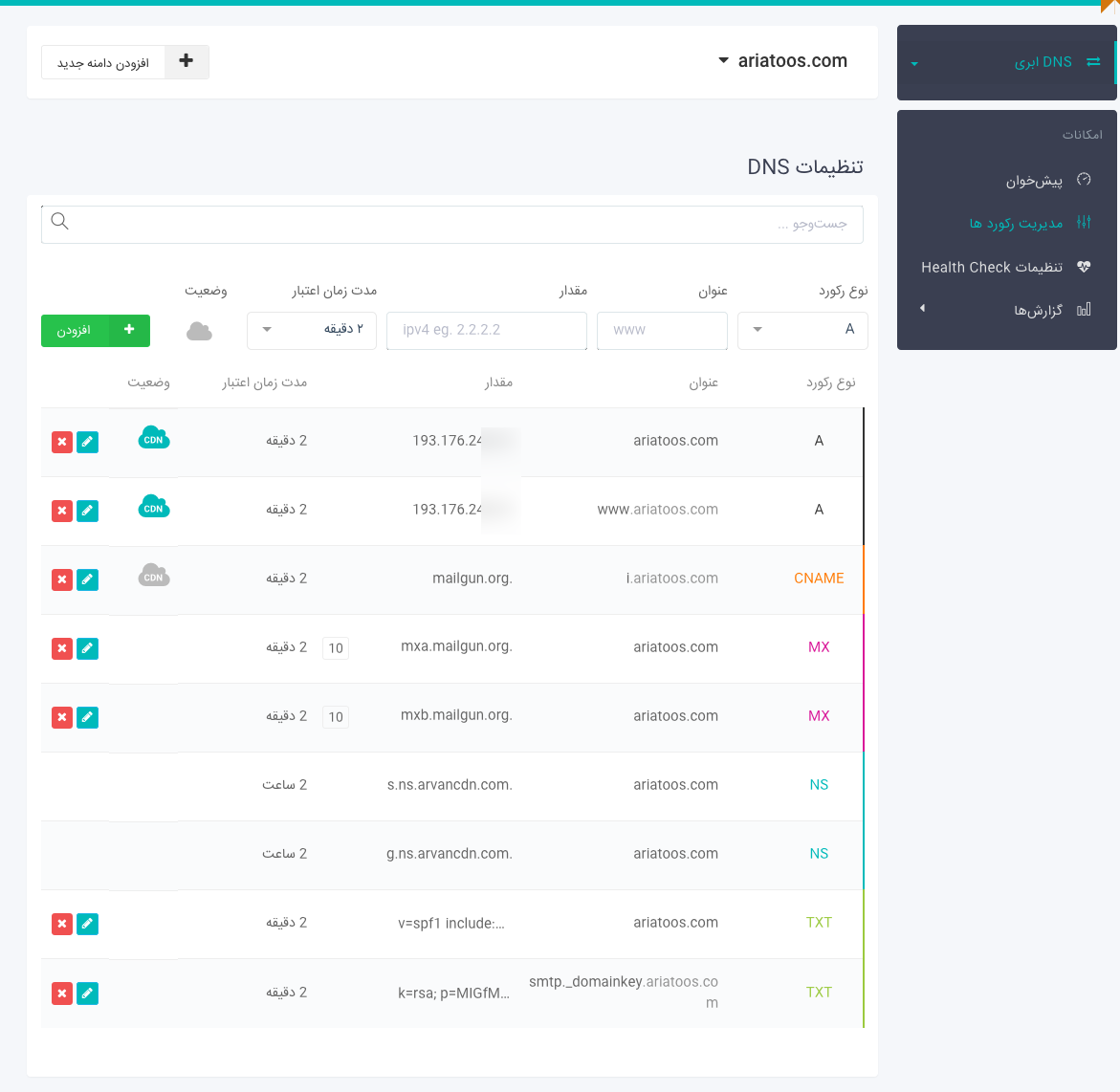 اضافه کردن دامنه ariatoos.com به dns آروان - بخش هایی که ip ان را blur کردم ای پی ابرک آروان است