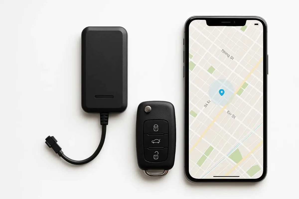 ردیاب خودرو کنار کلید ماشین و گوشی با نقشه فعال روی زمینه سفید مینیمال