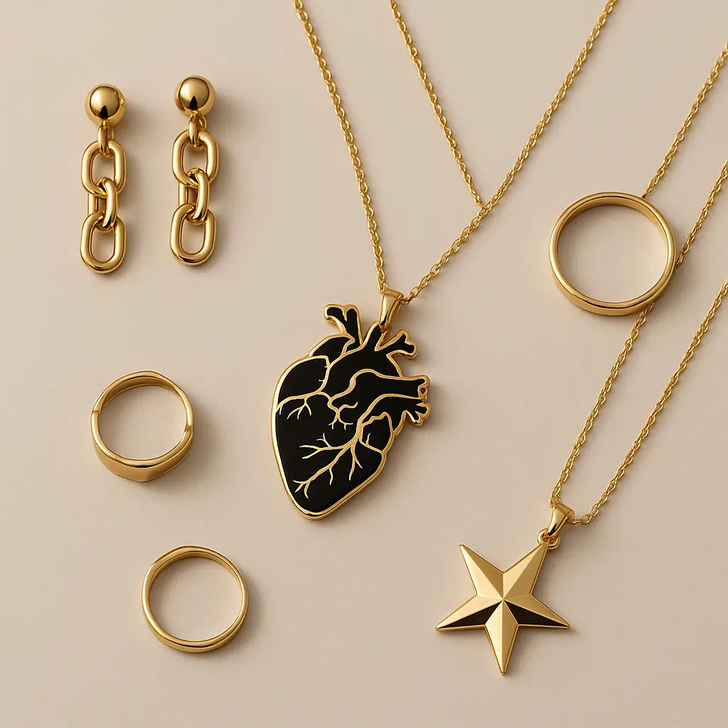 اکسسوری‌های طلایی شامل گردنبند قلب آناتومیک، ستاره، حلقه و گوشواره مینیمال روی پس‌زمینه کرم با طراحی لوکس و مینیمال

