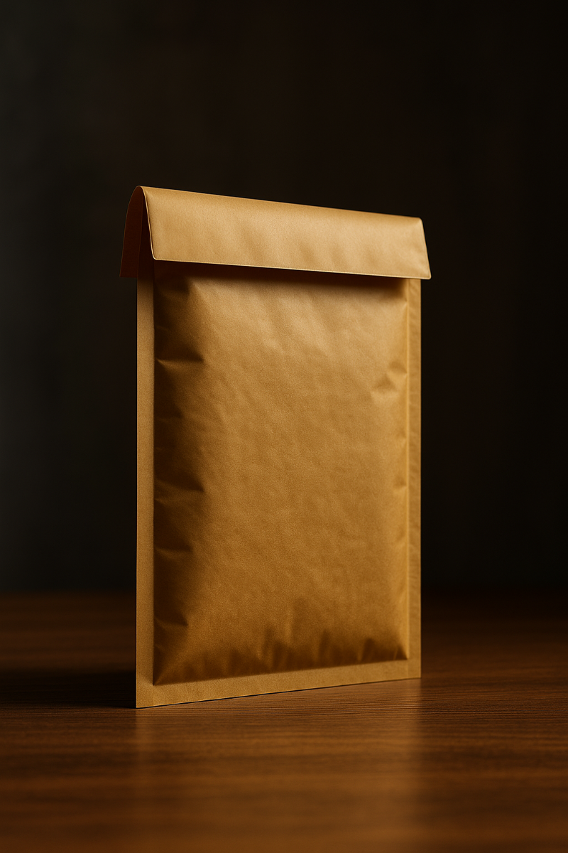 پاکت پستی کرافت و حبابدار کنار جعبه متالایز روی میز چوبی