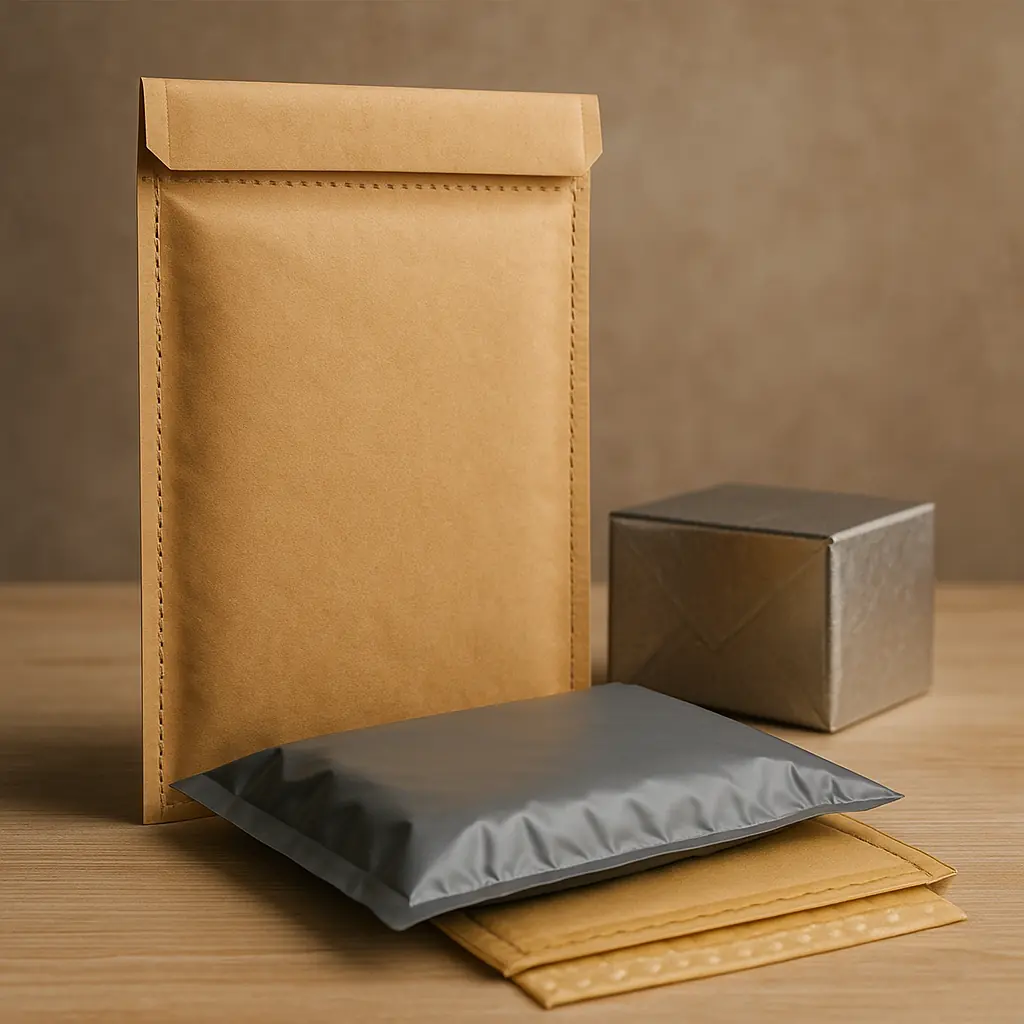 پاکت پستی کرافت و حبابدار کنار جعبه متالایز روی میز چوبی