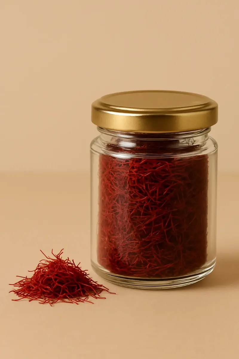 بستهبندی مینیمال زعفران اصل لوکس صادراتی در شیشه با درب طلایی