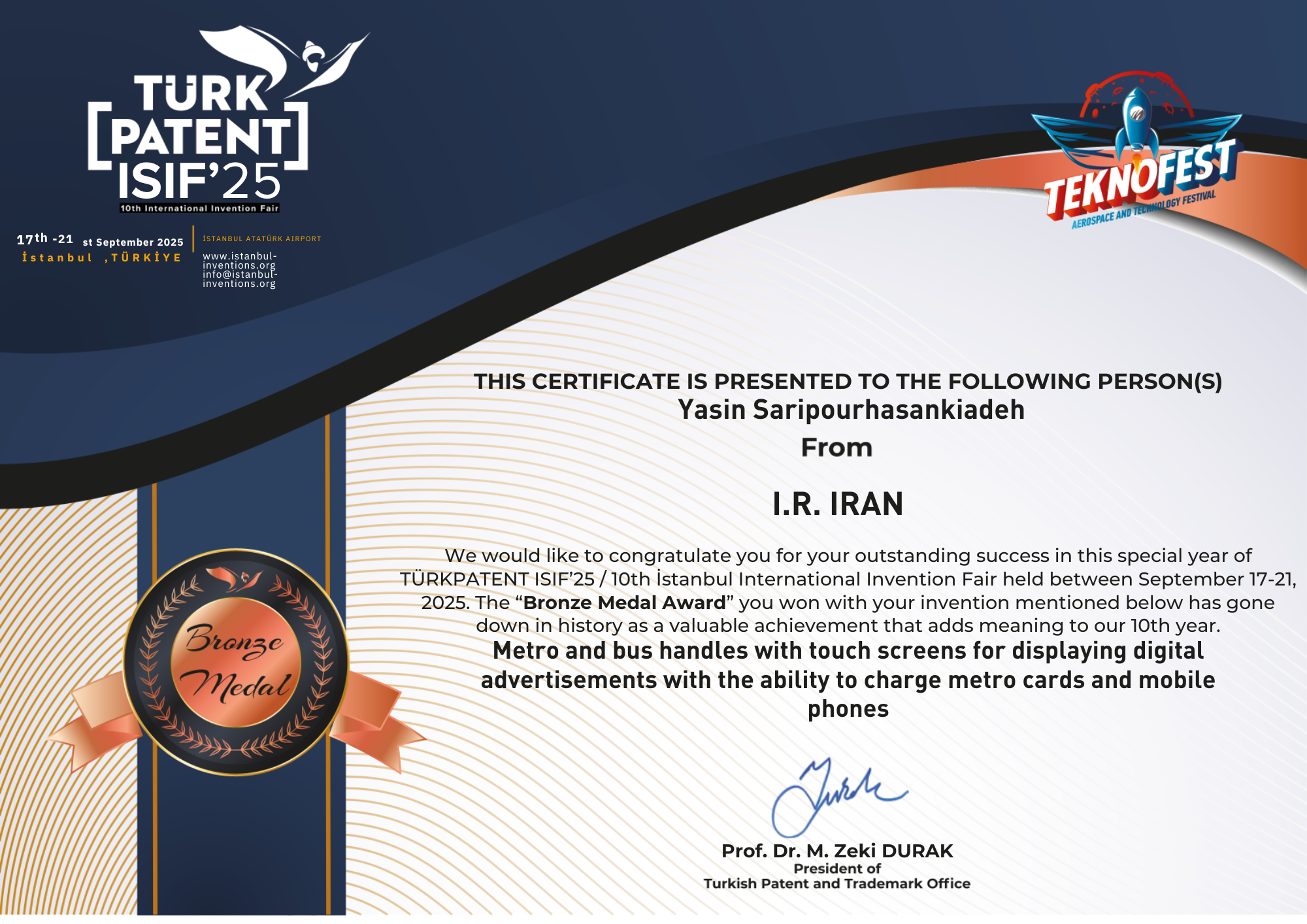 یاسین سری پور (مدال برنز دهمین نمایشگاه بین الملی اختراعات ترکیه- استانبول)Turkpatent ISIF25